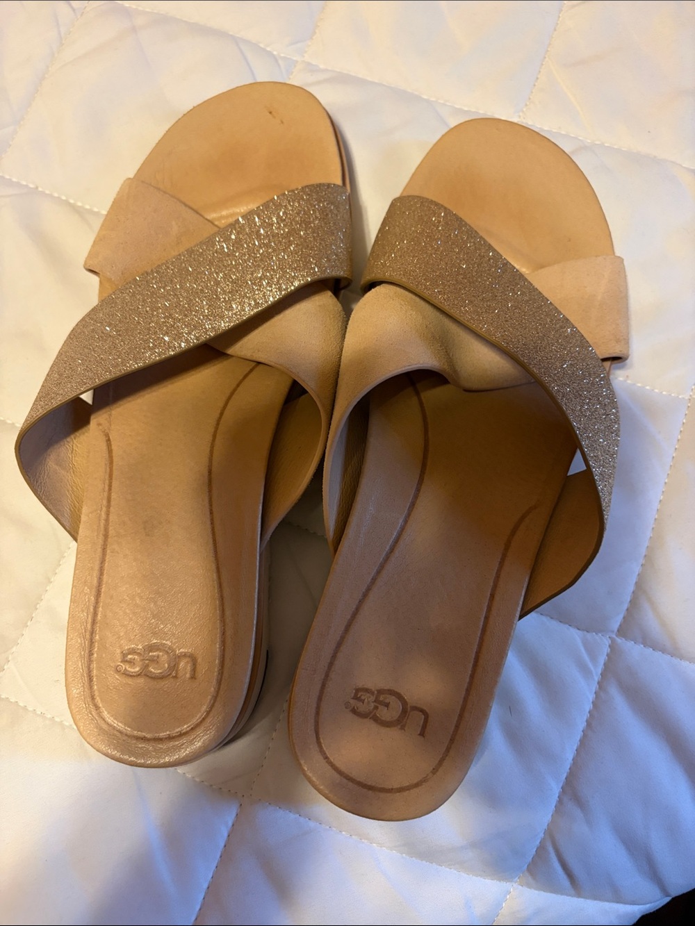 UGG Women's Tan Glitter Crossover Slide Sandals